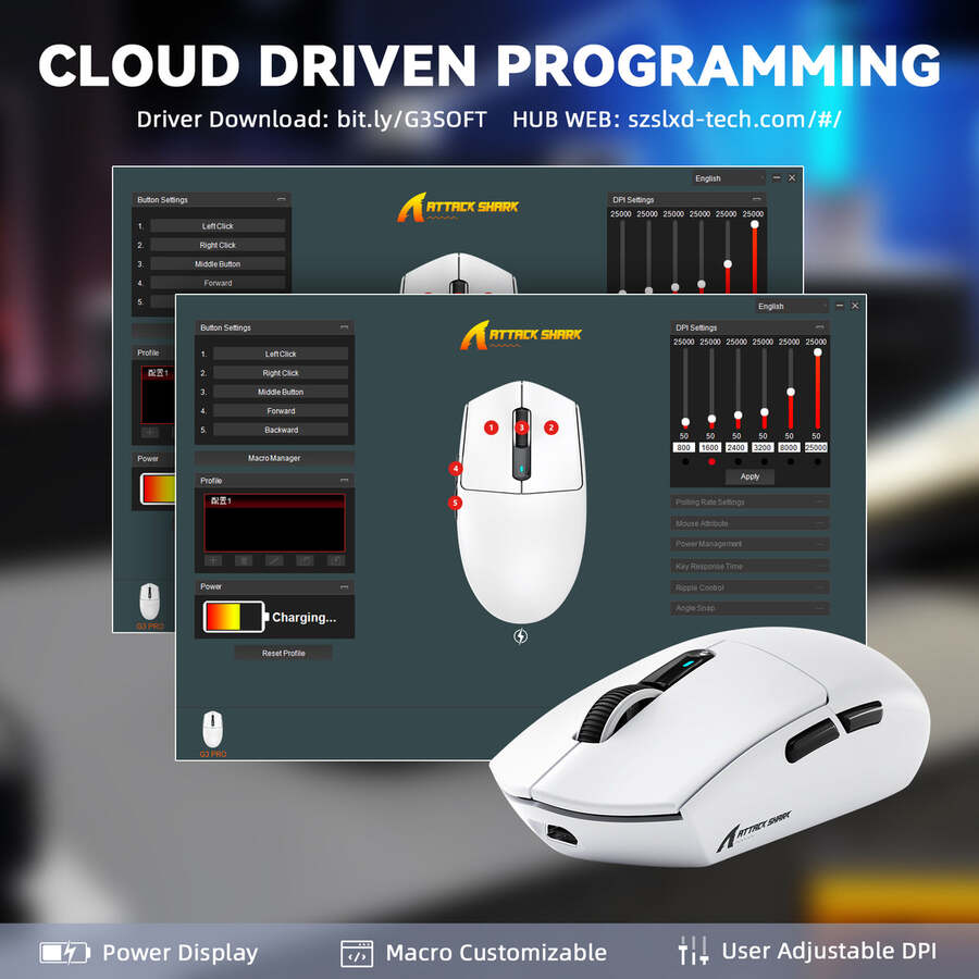 ATTACK SHARK G3PRO Tri-mode Wireless Gaming Mouse with Charge Dock 25000 DPI Ultra Lightweight